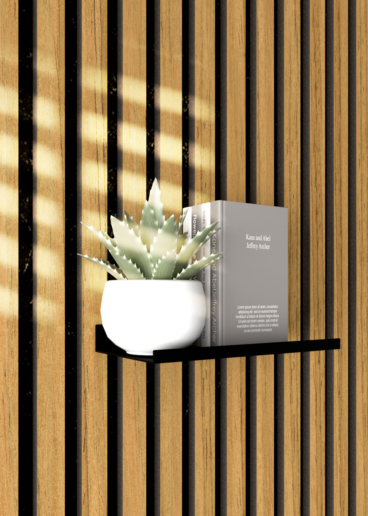 Matt black shelf hooked onto an acoustic slat wall panel