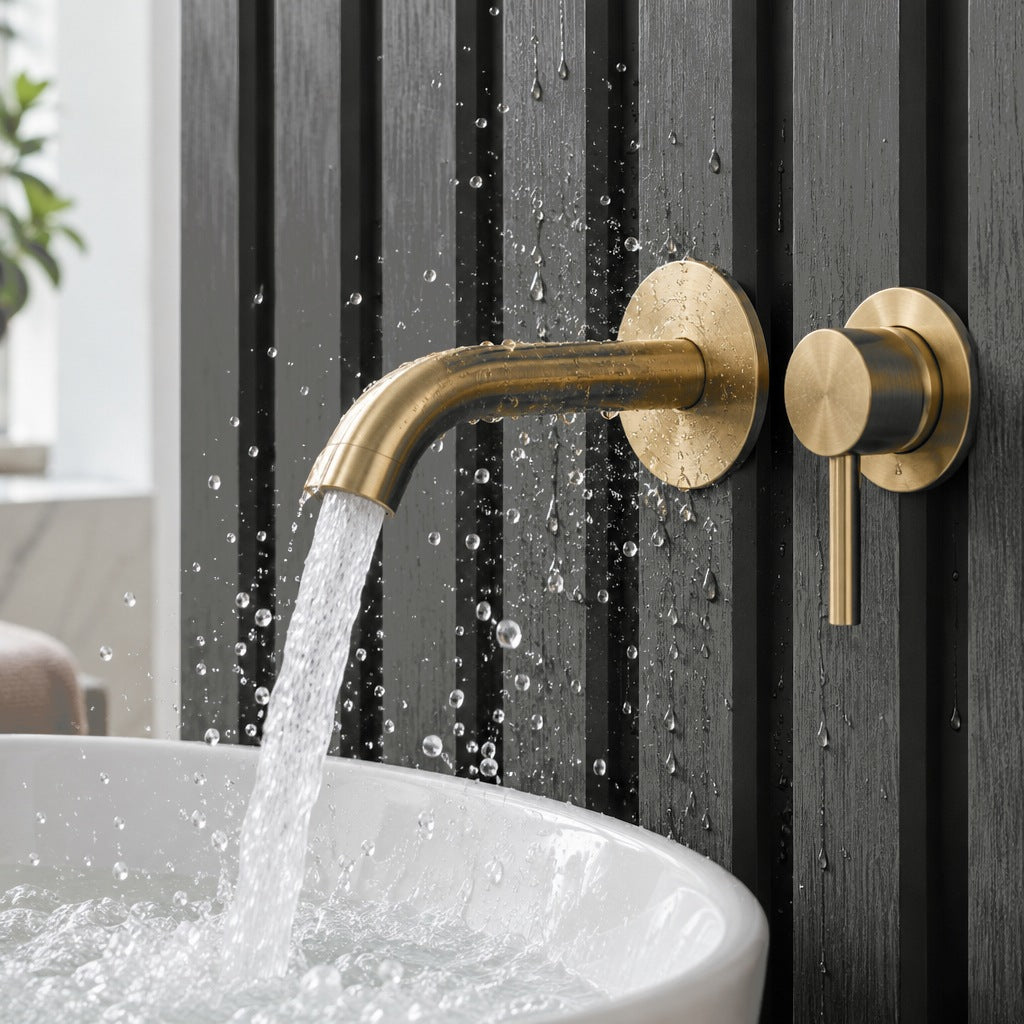Water splashing on waterproof Black Dry-Slat panels behind a brass basin tap