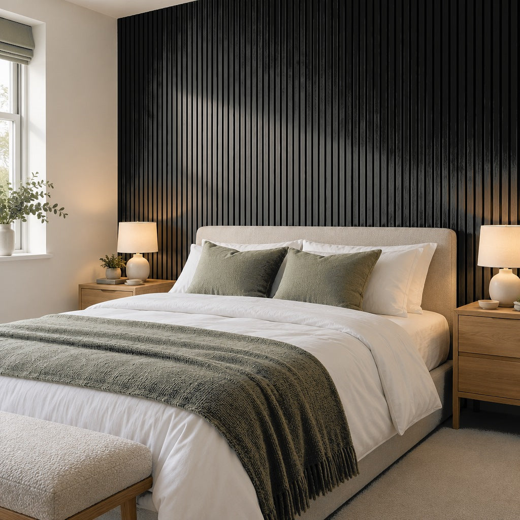 Black slat wall panels behind a bed as a bedroom feature wall