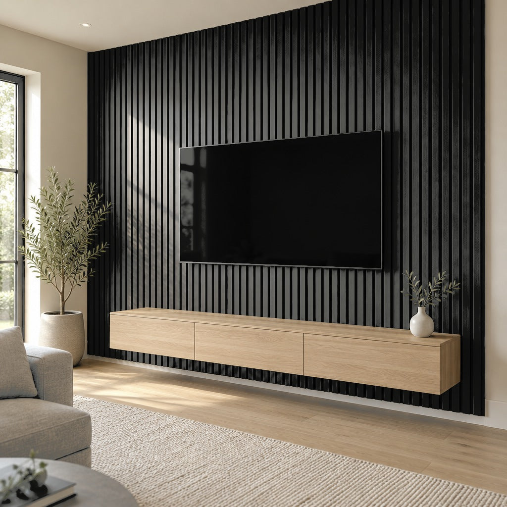 Black slat wall panels as a living room TV feature wall