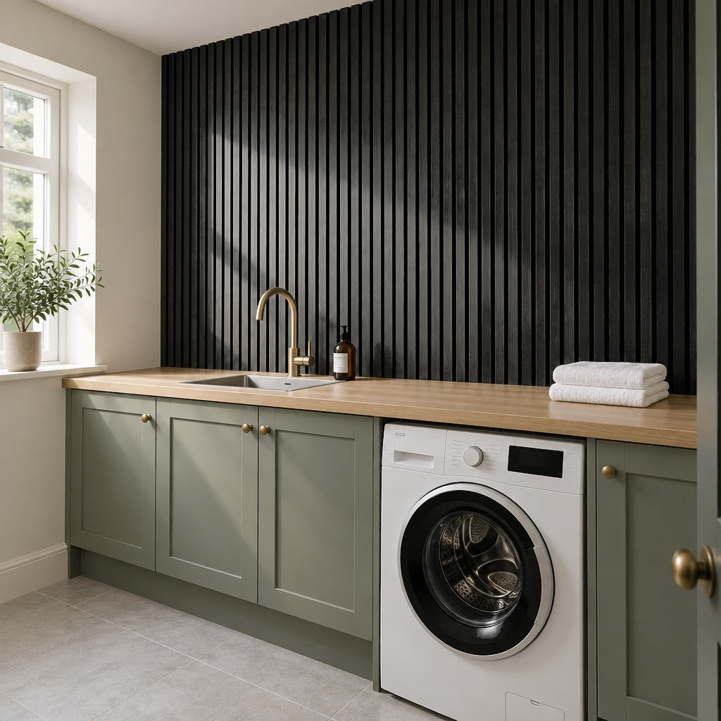 Black slat wall panels above the worktop in a utility room