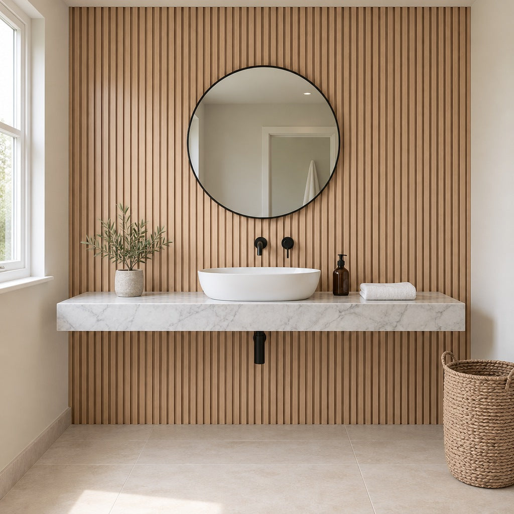 Oak Dry-Slat waterproof slat wall panels behind a floating marble vanity in a UK bathroom