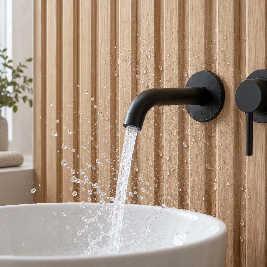 Water splashing on waterproof Oak Dry-Slat panels behind a basin tap