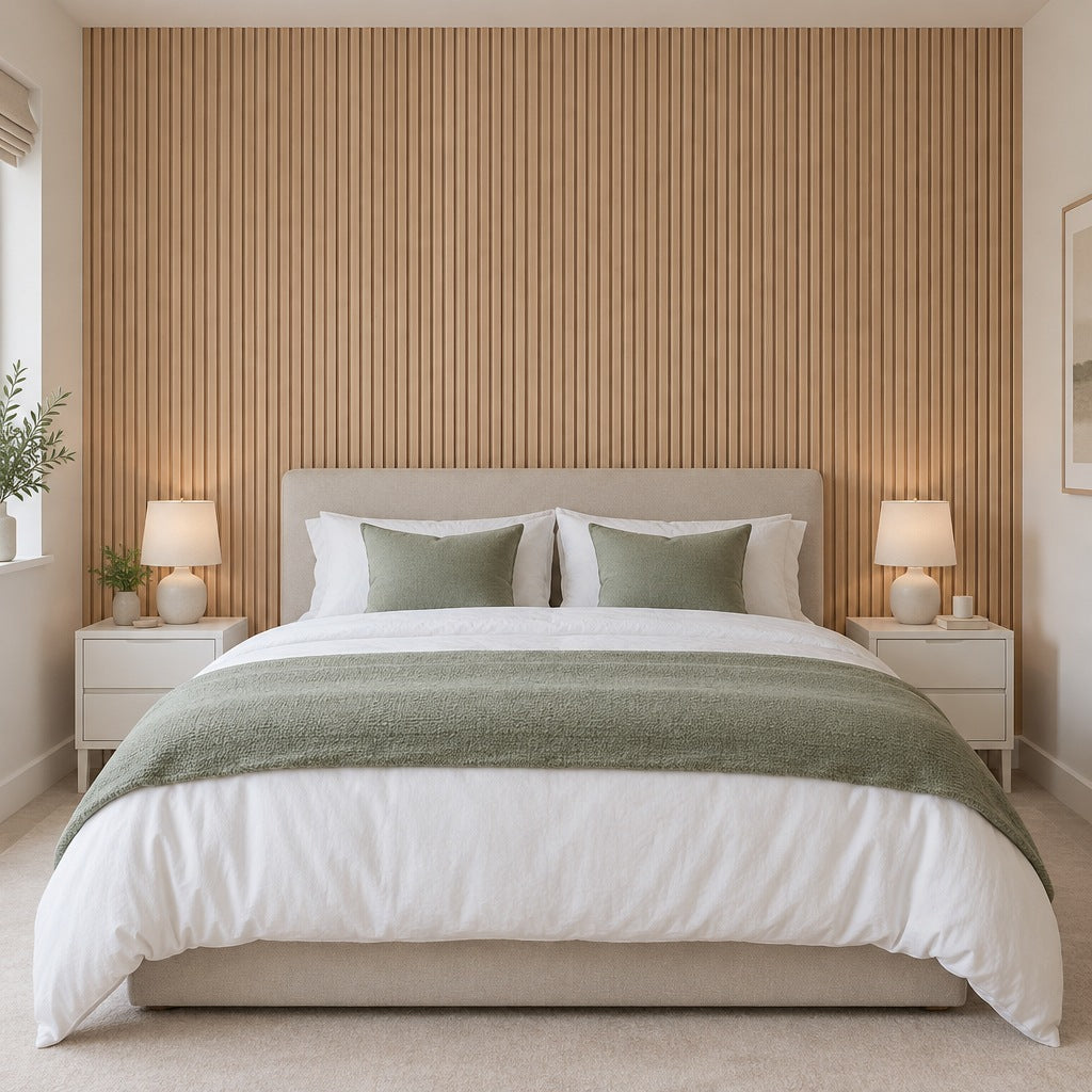 Oak slat wall panels behind a bed as a bedroom feature wall