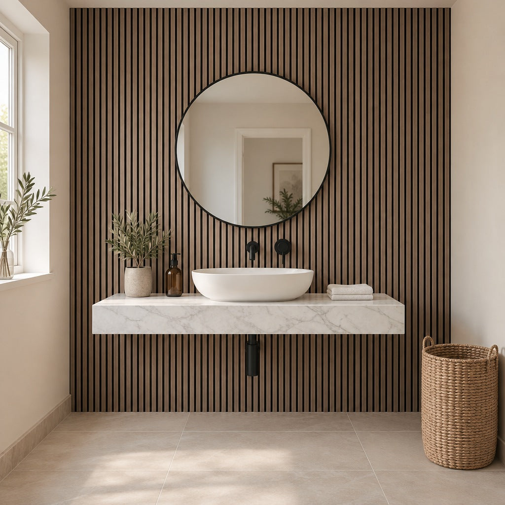 Walnut & Black Dry-Slat waterproof slat wall panels behind a floating marble vanity in a UK bathroom