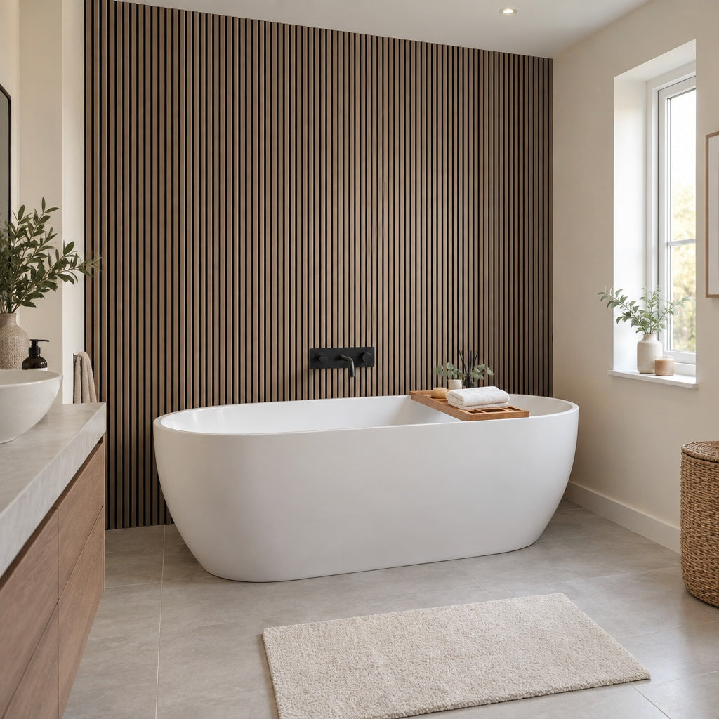 Walnut and black slat wall panels as a feature wall behind a freestanding bath