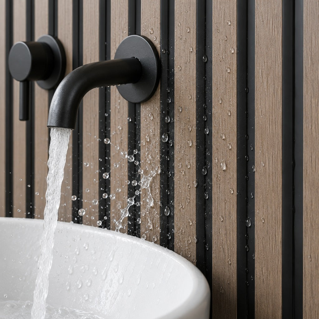 Water splashing on waterproof Walnut & Black Dry-Slat panels behind a basin tap