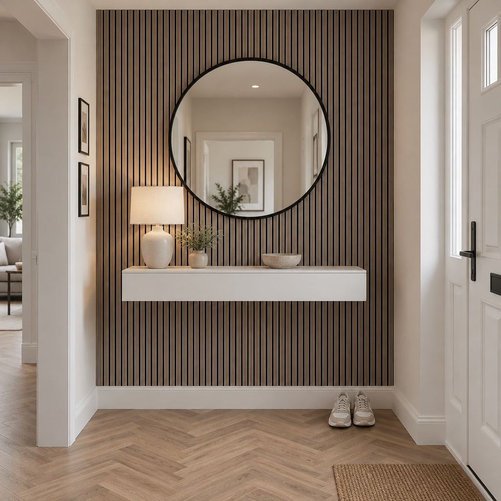 Walnut and black slat wall panels on a hallway feature wall with a floating console