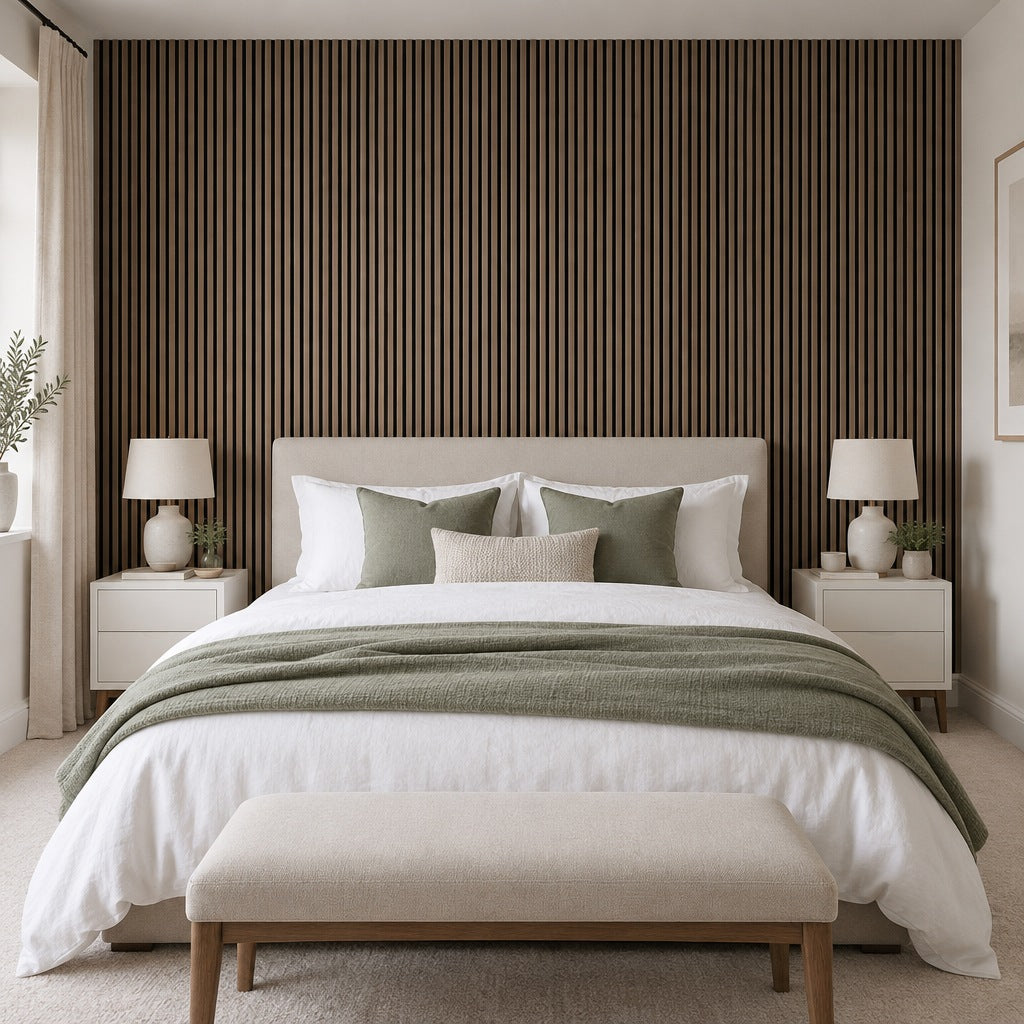 Walnut and black slat wall panels behind a bed as a bedroom feature wall