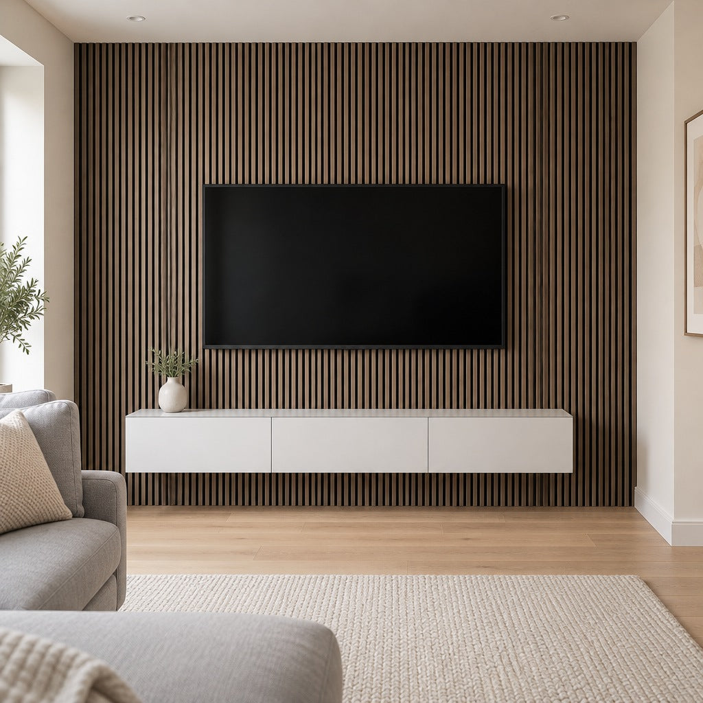 Walnut and black slat wall panels as a living room TV feature wall