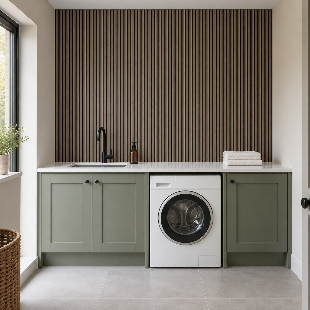 Walnut and black slat wall panels above the worktop in a utility room