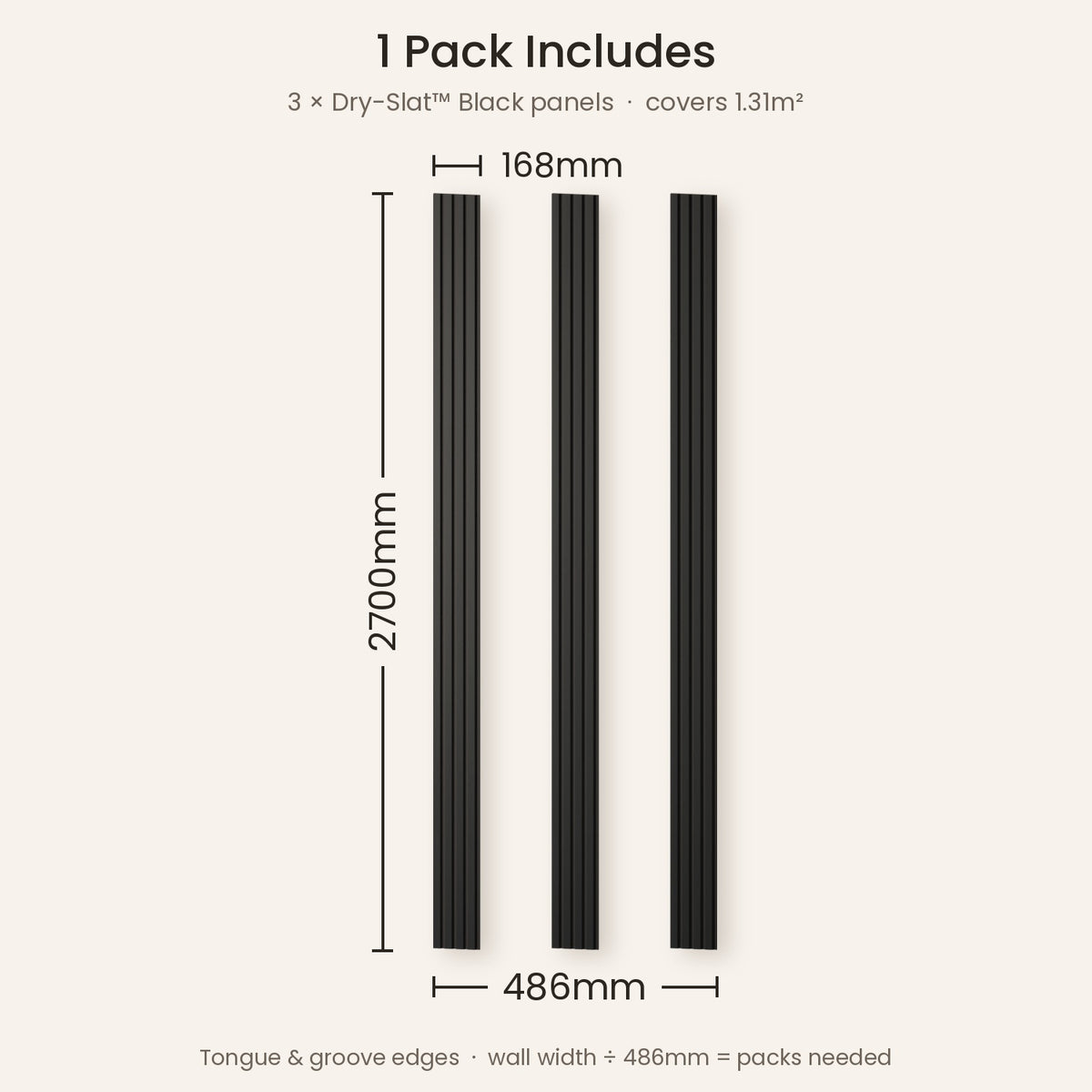 1 pack of Black Dry-Slat includes 3 panels, each 2700 x 168mm, covering 486mm wide (1.31m²)