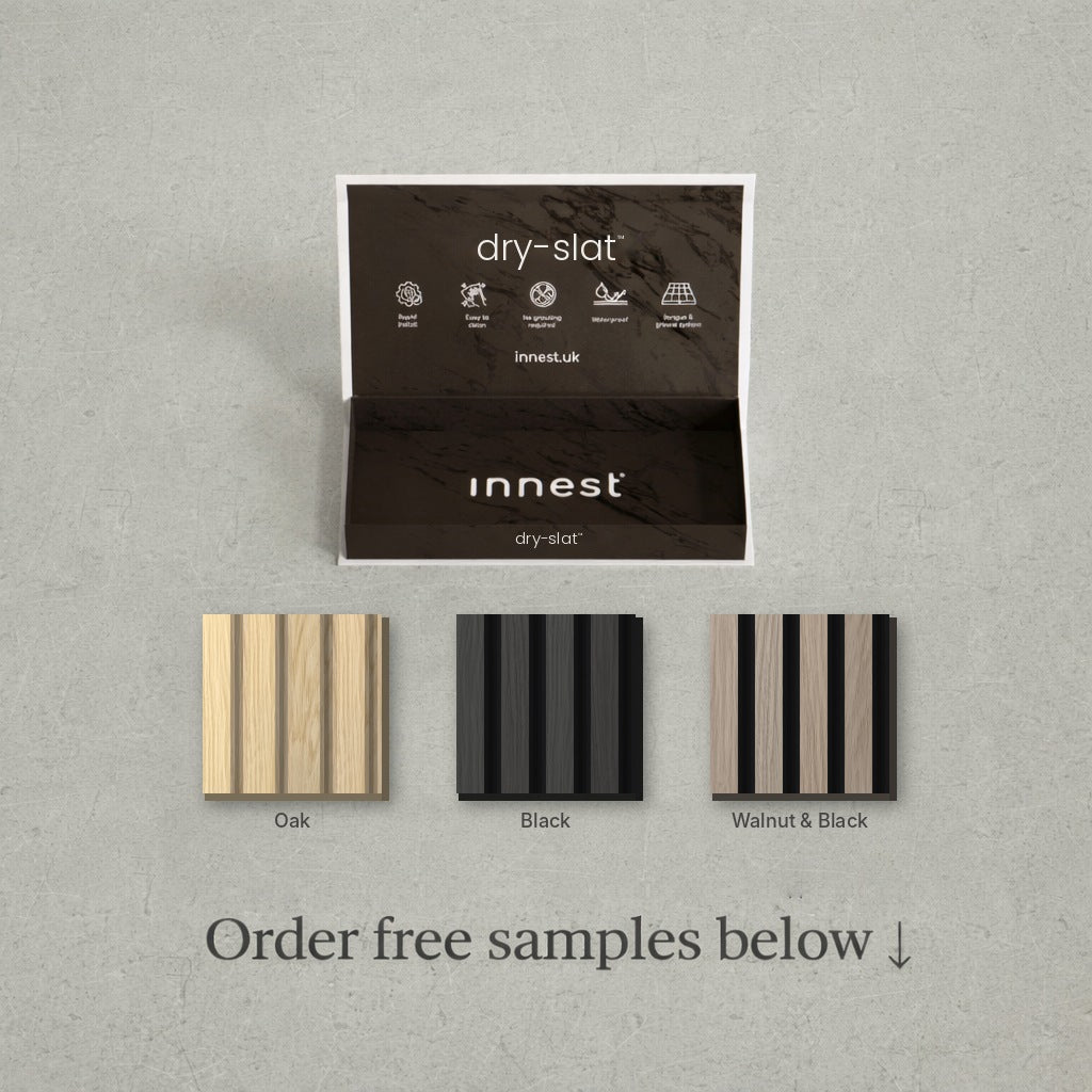 Free Dry-Slat samples: Oak, Black and Walnut & Black waterproof slat panels
