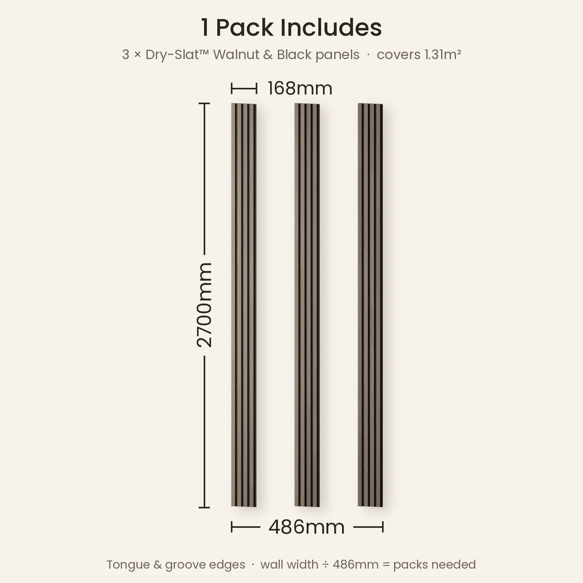 1 pack of Walnut & Black Dry-Slat includes 3 panels, each 2700 x 168mm, covering 486mm wide (1.31m²)