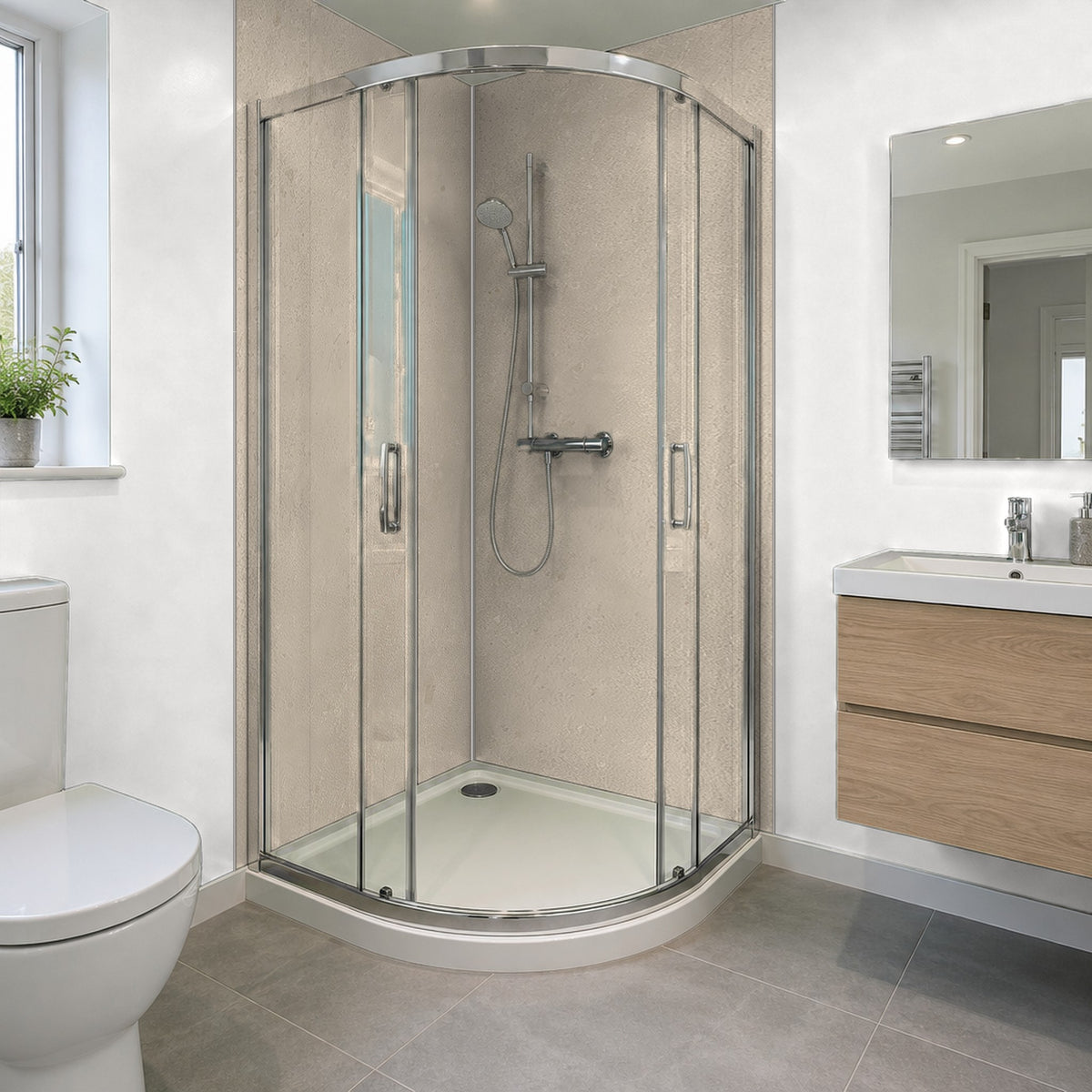 Beige Rapid Stone panels in a corner quadrant shower, panels finished with corner and end trims