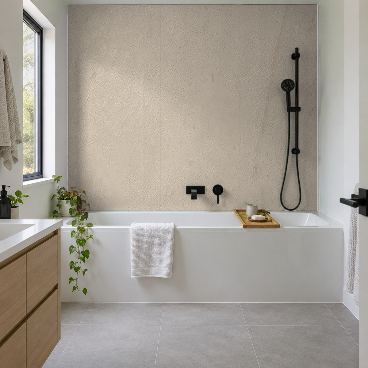 Beige Rapid Stone waterproof panels on the wall above a bath with shower