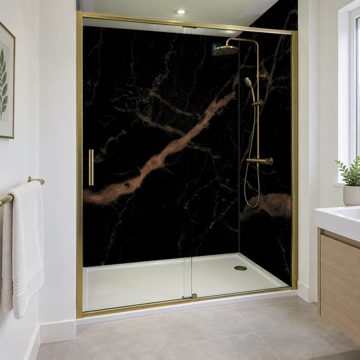 Black Gold Rapid Stone shower panels inside a 1200 x 800 shower enclosure