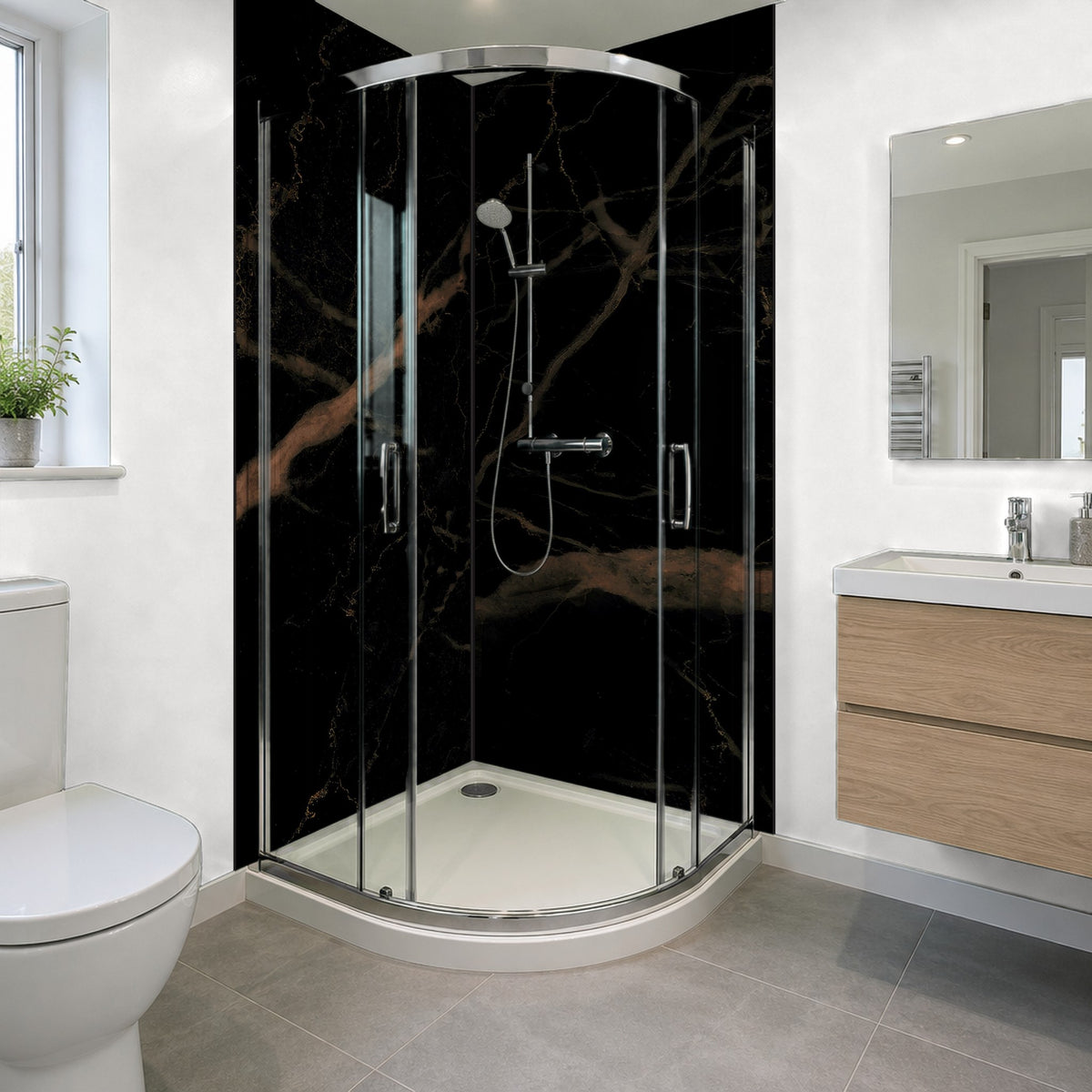 Black Gold Rapid Stone panels in a corner quadrant shower, panels finished with corner and end trims