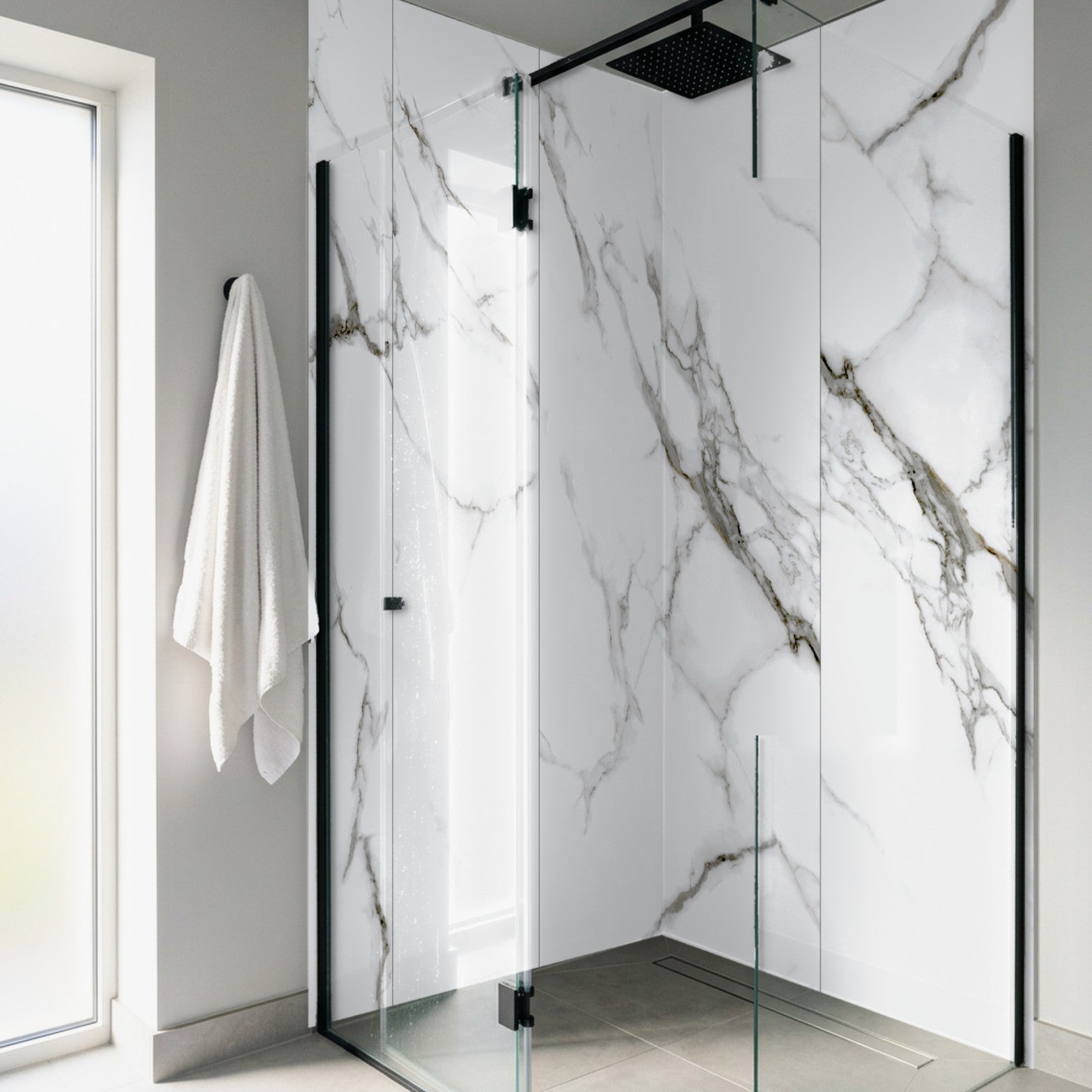 Carrera marble Rapid Stone wall panels in a corner walk-in shower, vein continuous across panels