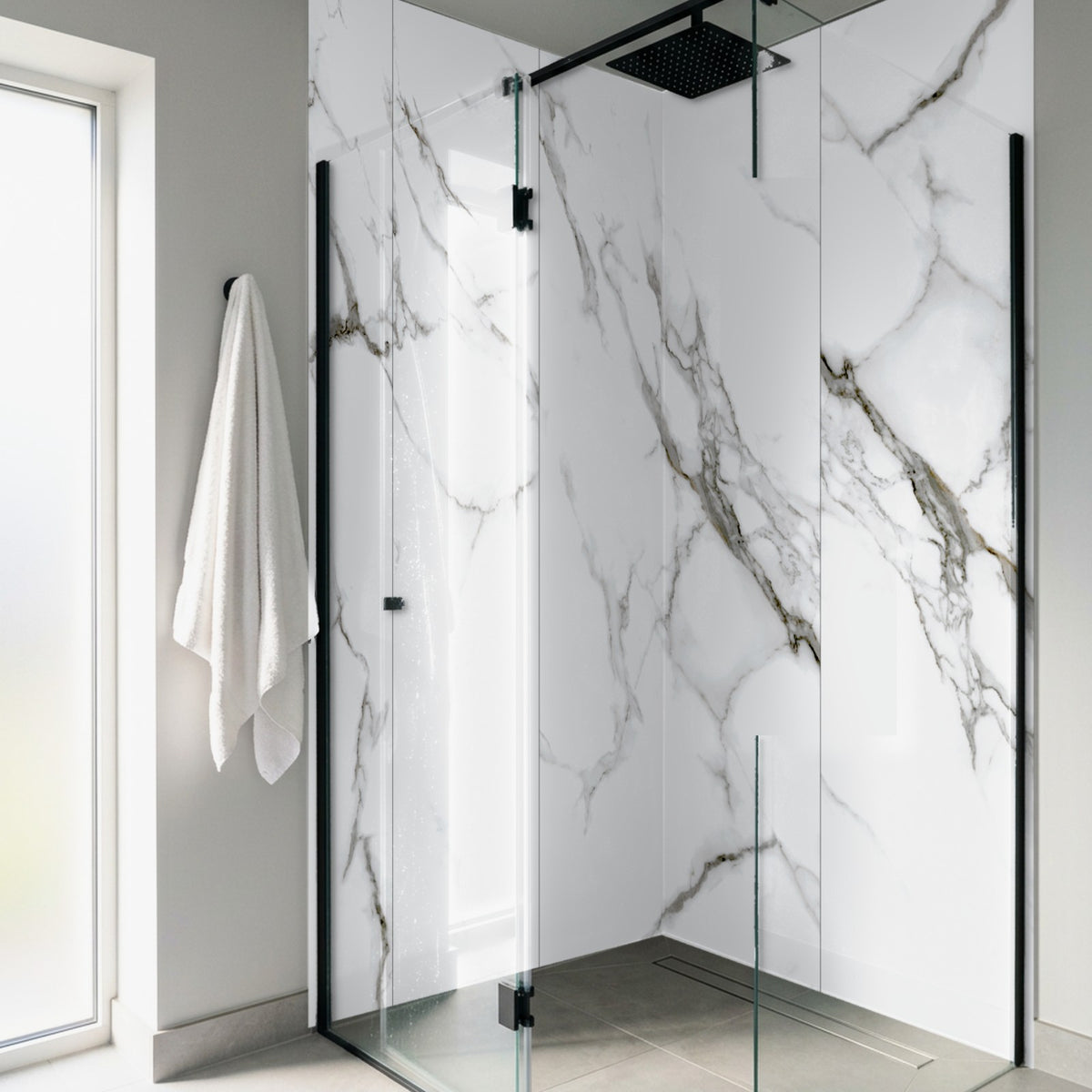 Carrera marble Rapid Stone wall panels in a corner walk-in shower, vein continuous across panels