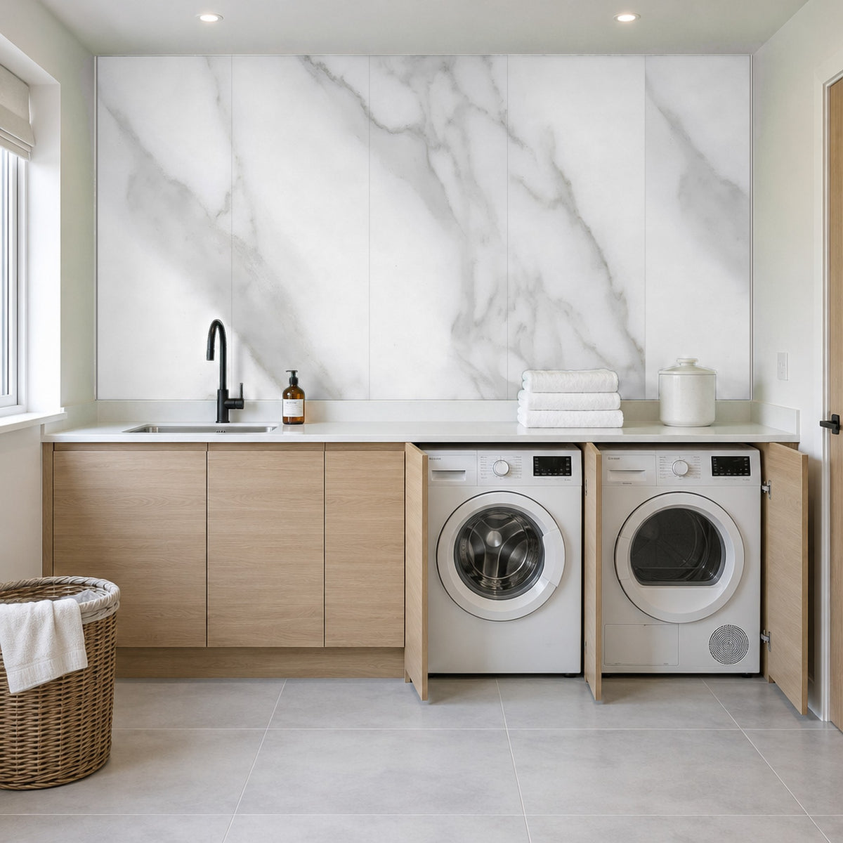Carrera Rapid Stone waterproof panels as a utility room feature wall