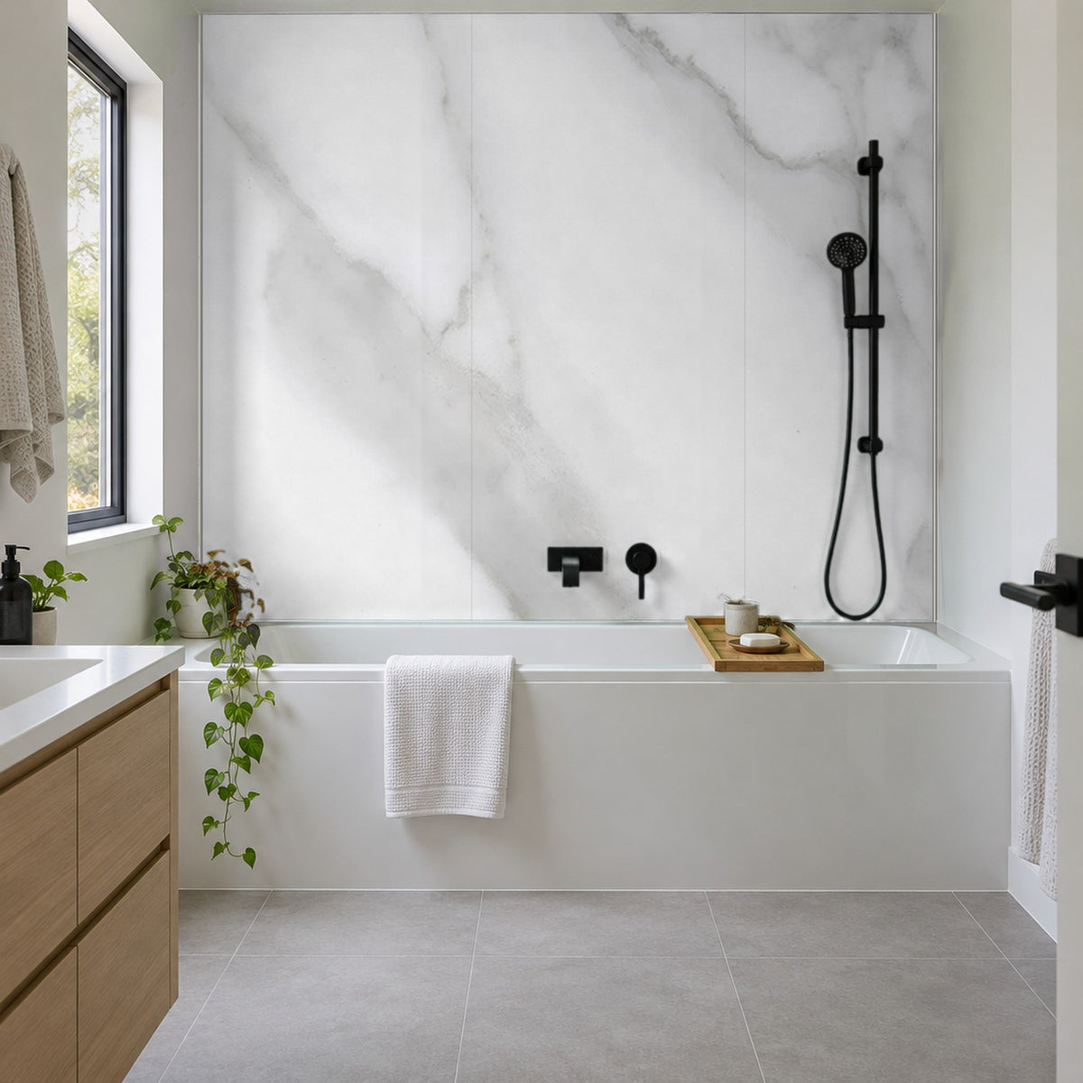 Carrera Rapid Stone waterproof panels on the wall above a bath with shower