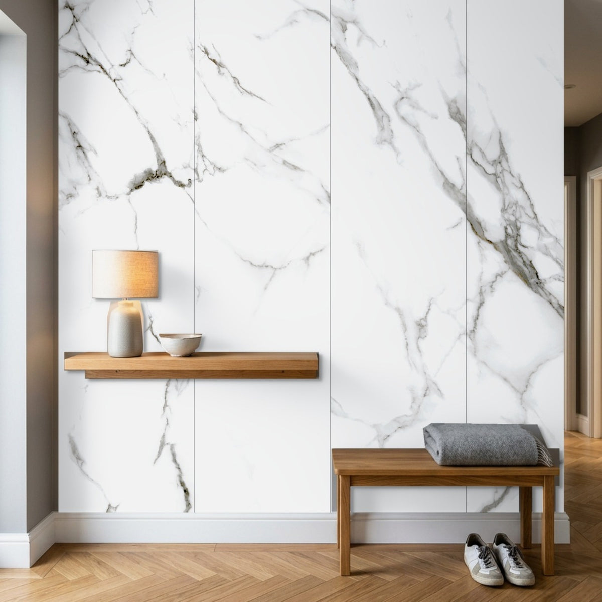 Rapid Stone Carrera marble effect panels as a hallway feature wall