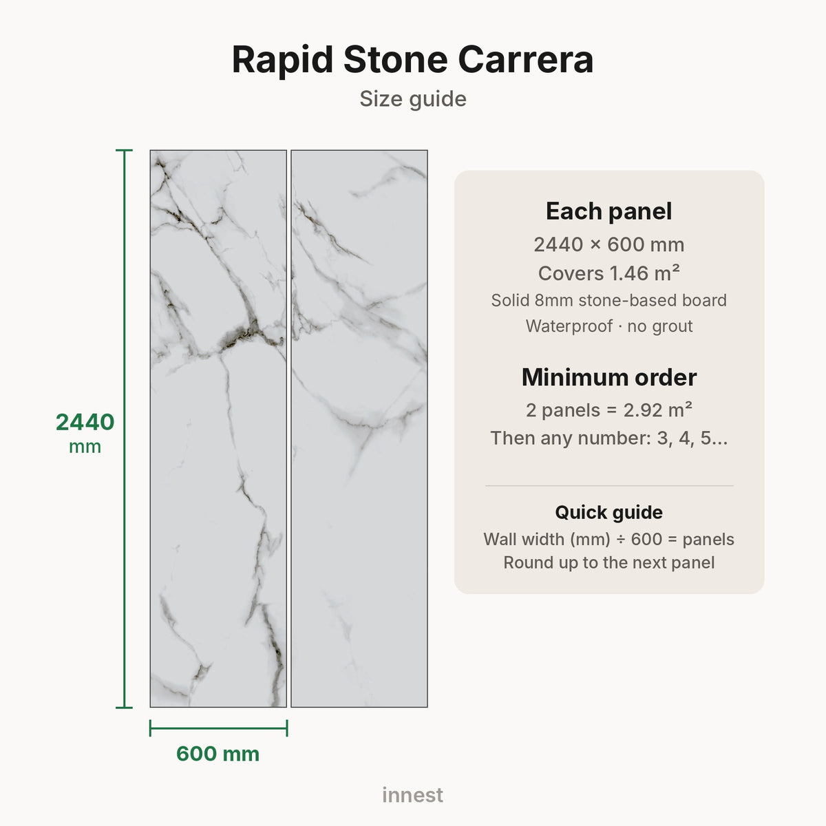Rapid Stone Carrera size guide – minimum order 2 panels