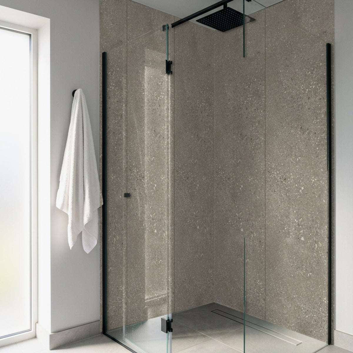 Rapid Stone Concrete effect shower panels in a corner walk-in shower