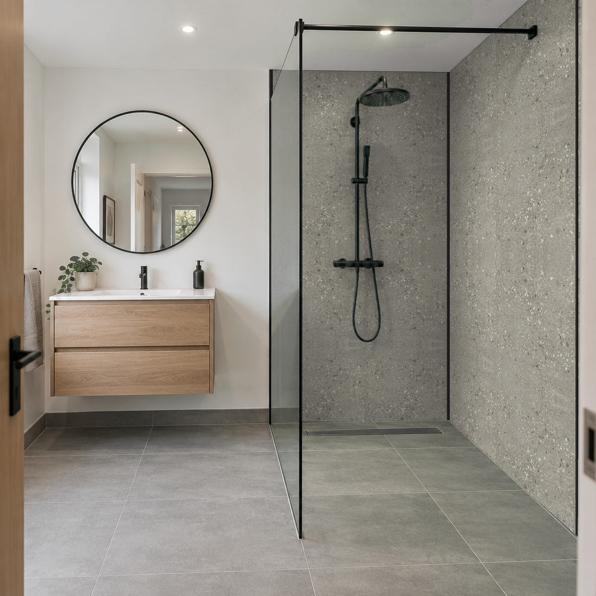 Concrete Rapid Stone waterproof panels in a walk-in wet room shower