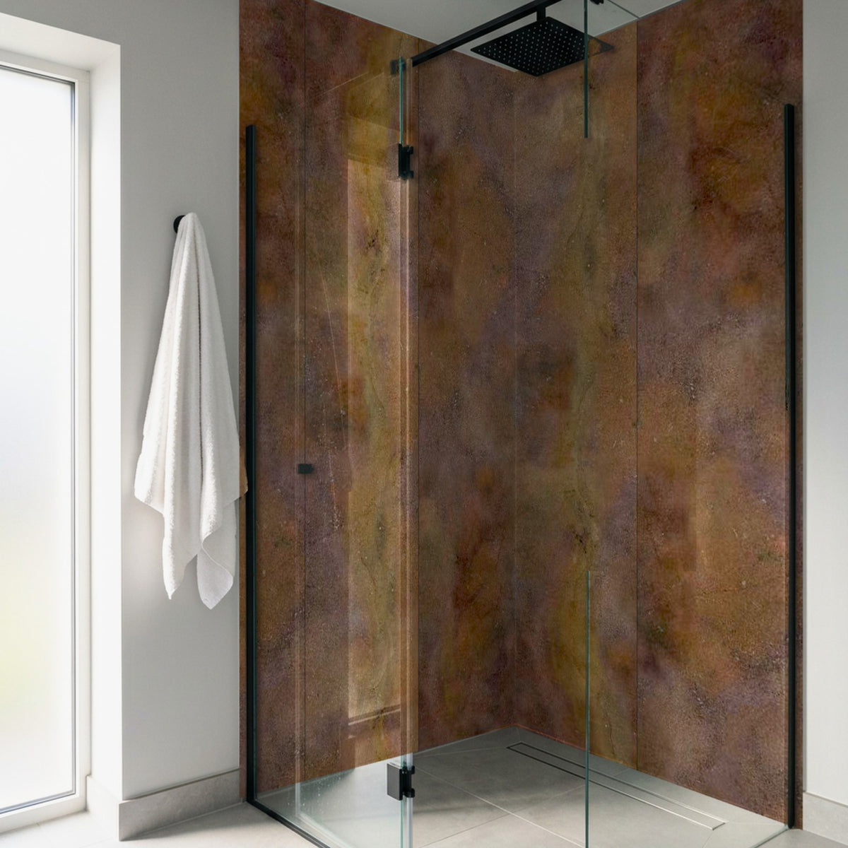 Copper Rapid Stone wall panels in a corner walk-in shower