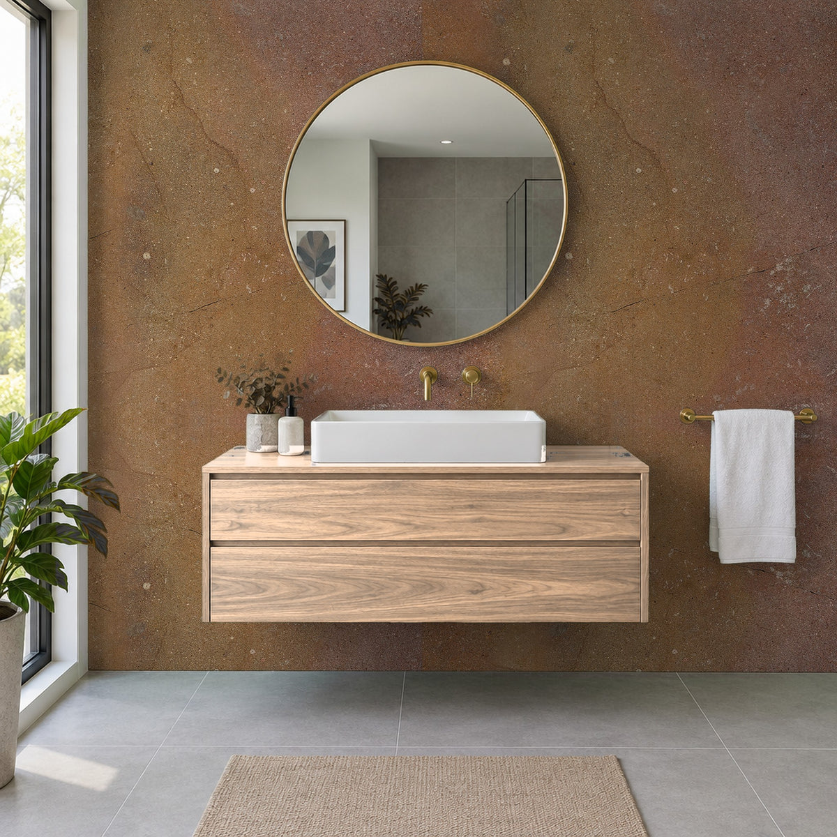 Copper Rapid Stone panels as a bathroom feature wall behind an oak vanity unit