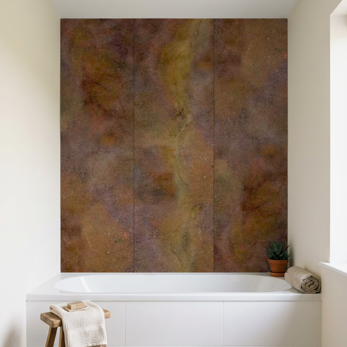 Copper Rapid Stone wall panels above a bath
