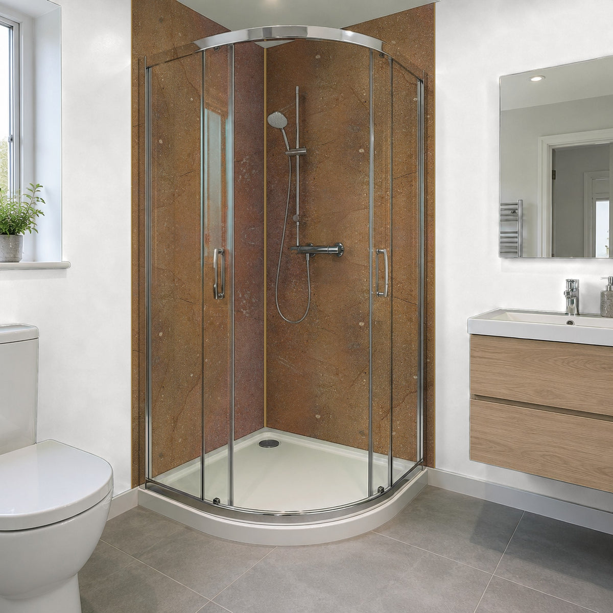 Copper Rapid Stone panels in a corner quadrant shower, panels finished with corner and end trims