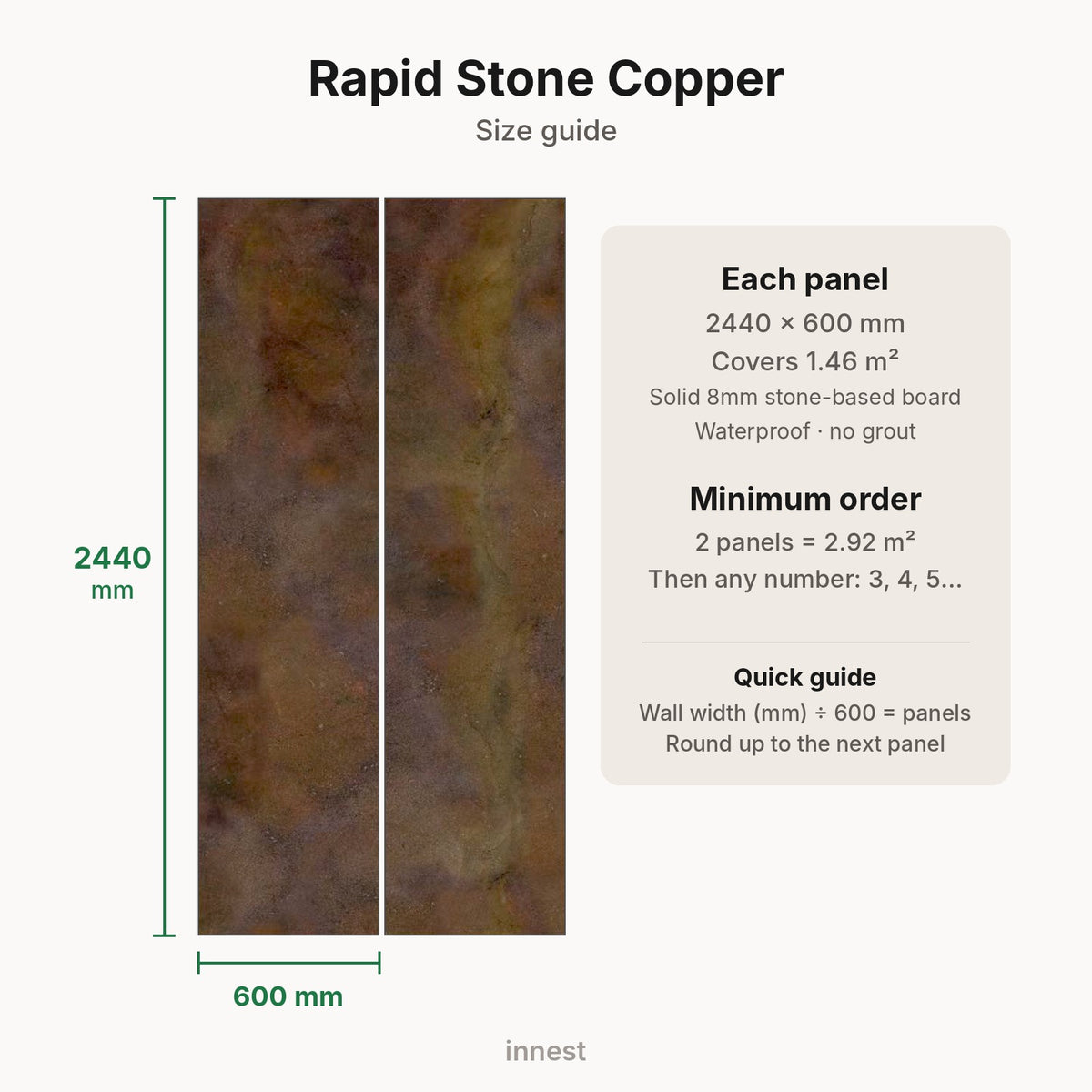 Rapid Stone Copper size guide – minimum order 2 panels