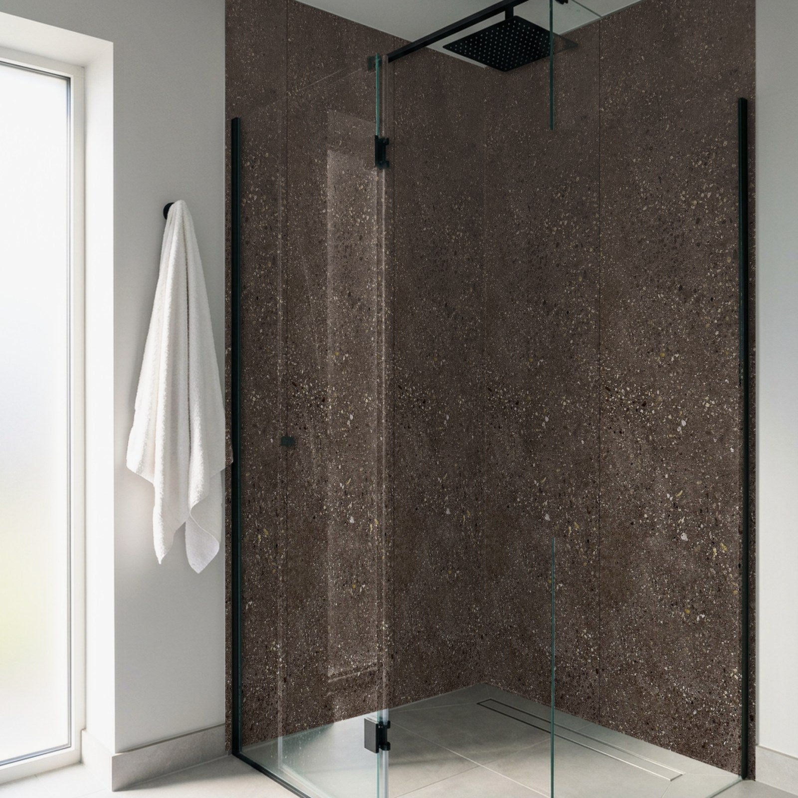 Rapid Stone Pewter waterproof shower panels in a corner walk-in shower
