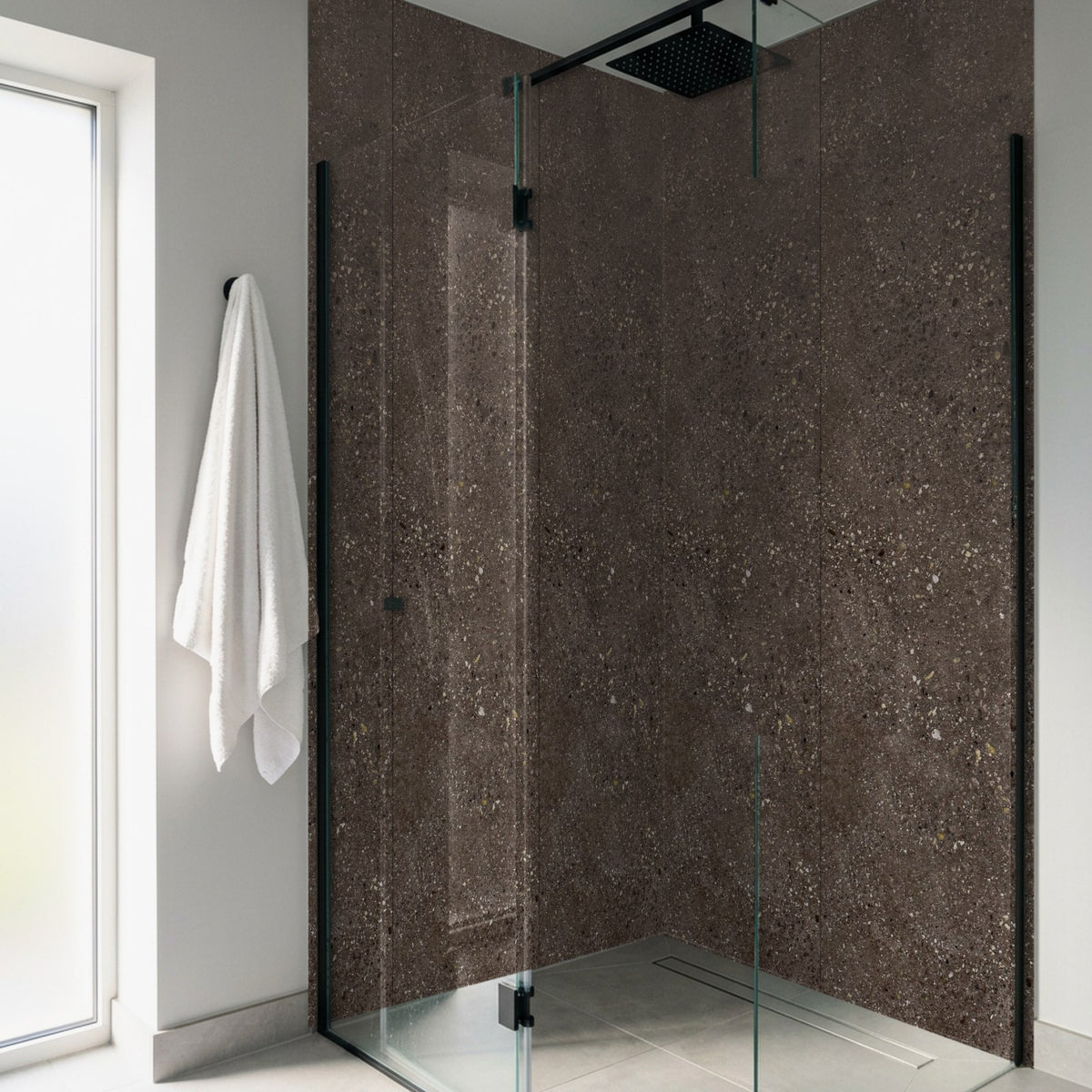 Rapid Stone Pewter waterproof shower panels in a corner walk-in shower