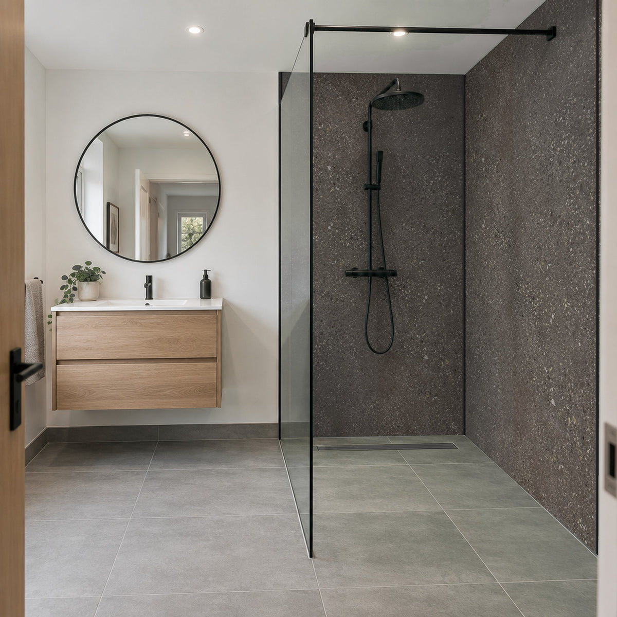 Pewter Rapid Stone waterproof panels in a walk-in wet room shower
