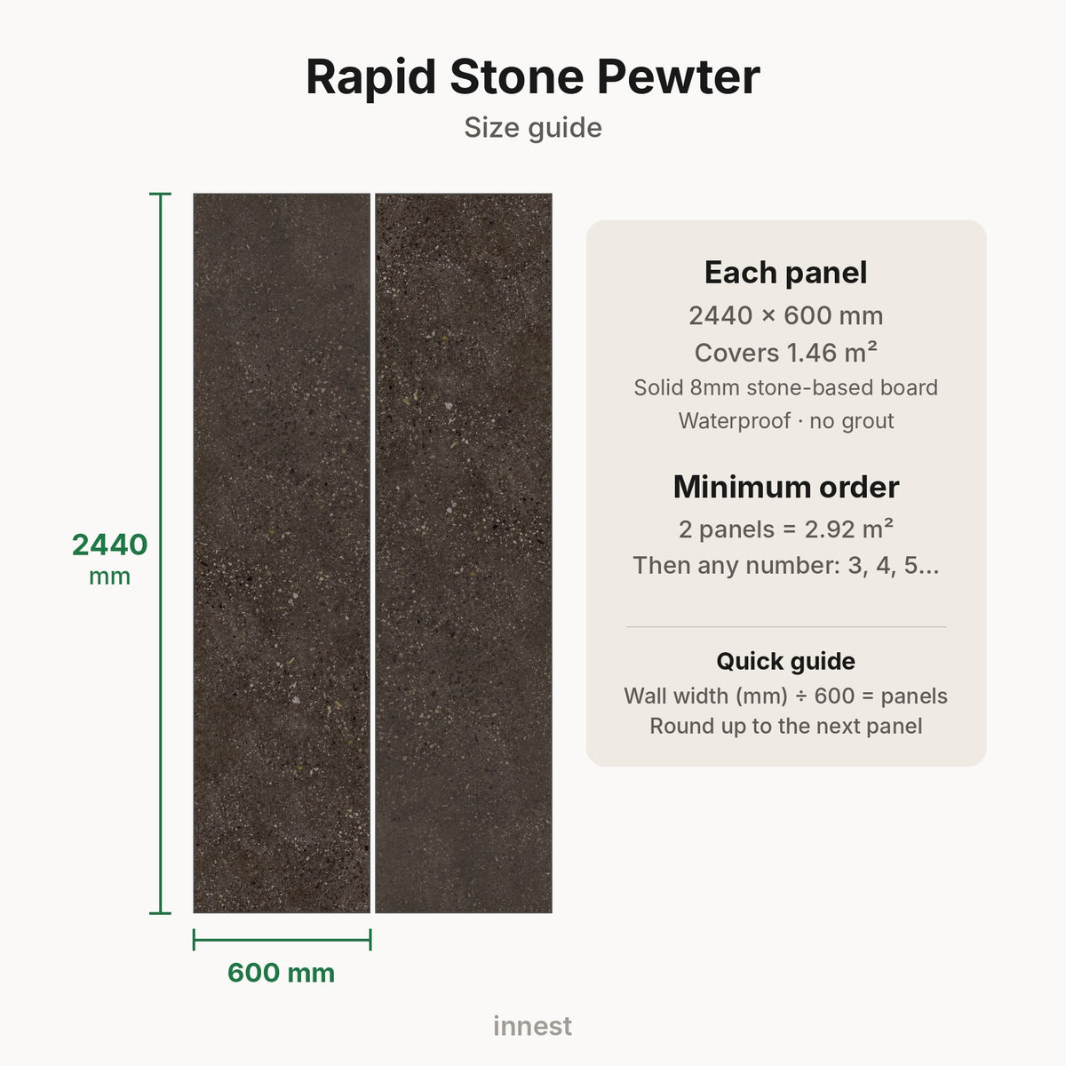 Rapid Stone Pewter size guide – minimum order 2 panels