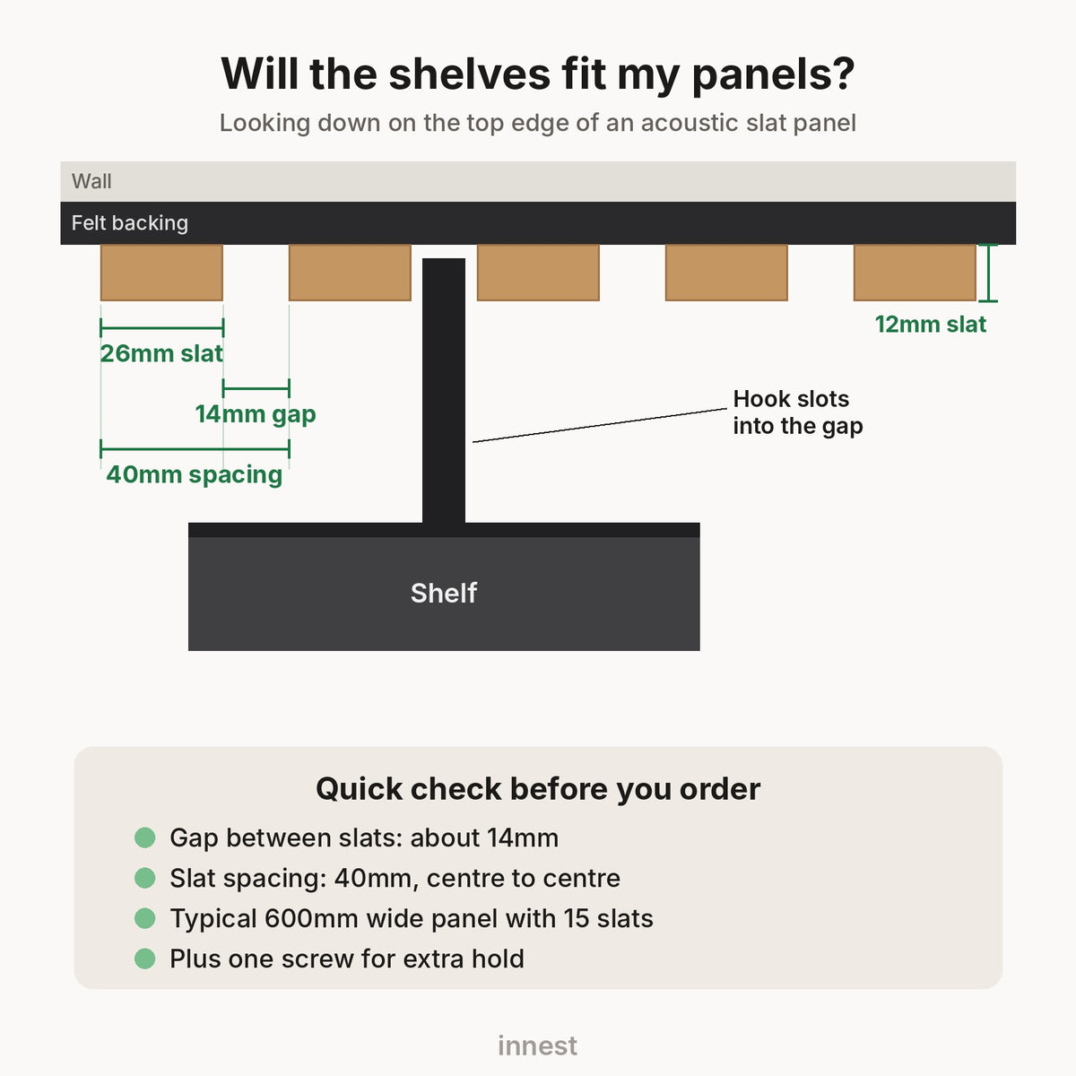 Fit guide: acoustic slat wall shelf fits panels with 14mm gaps and 40mm slat spacing